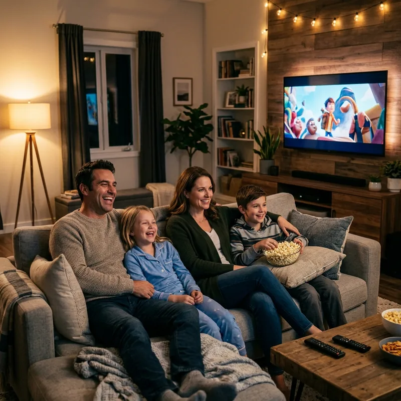 Família reunida no sofá assistindo à transmissão em 4K